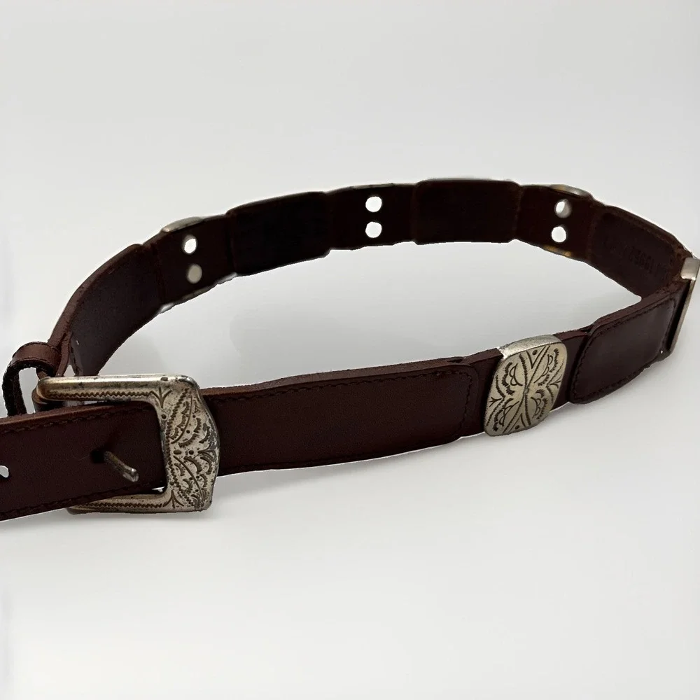 Fossil Vintage Brown Leather Western Concho Link Belt Silver Engraved Plates S